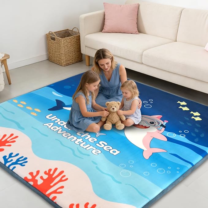 RONGFA Baby Play Mat for Floor, 71'' x 59'' Thicken Foam Soft Padded Playmat for Tummy Time, Playpen Mat for Toddlers Infant Kids, Water-Repellent Coral Velvet, Non-Slip Bottom Safe for Crawling (SEA)