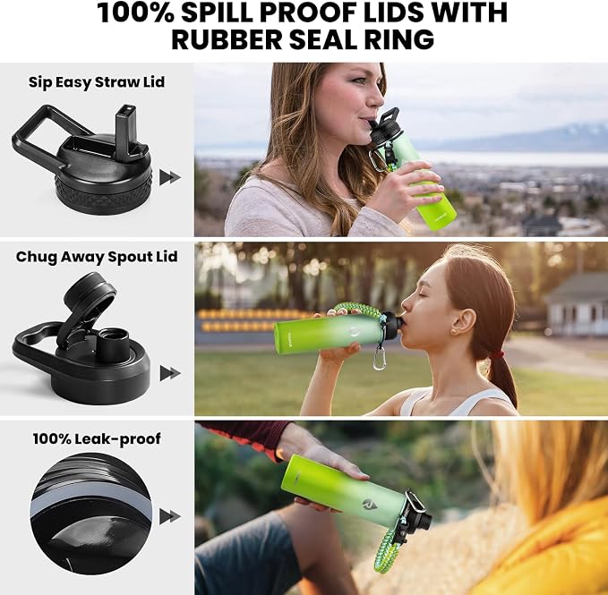 RAYMYLO Insulated Water Bottle 24 oz, Triple Wall Vacuum Stainless Steel | (Cold for 24Hrs, Hot for 12Hrs), Leak Proof & Non-BPA, Modern Water Flask Jug with Paracord Handle & Straw Spout Lids