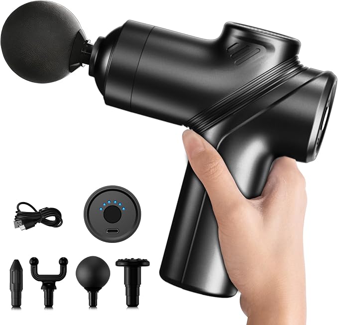 LEERCON Massage Gun Deep Tissue Mini Muscle Massager for Pain Relief, Black | Small Portable Handheld Massager Gun, Back and Neck Massager for Pain Relief, 6 Speed & 4 Heads, Birthday Gifts for Men Dad