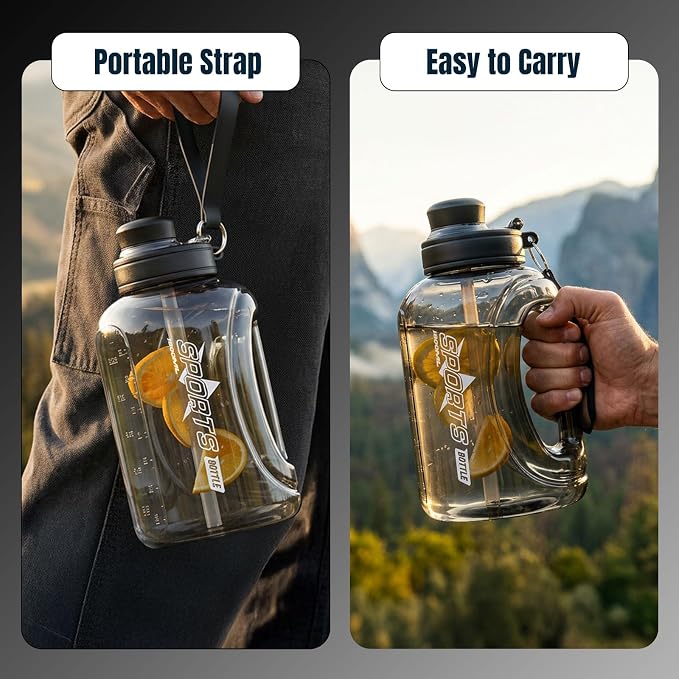 Doseno 60 oz Water Bottle, 1.8 L Big Water Jug with Straw, Handle and Strap | Black 1-pack large plastic gym water jug with handle and strap for drinking during workouts, sports and outdoor activities