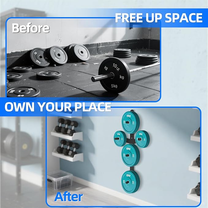 Wall Mounted Weight Plate Rack, 6 Pegs & 4 Barbell Storage Rack, 1190 LBS Capacity Weight Plate Holder, Wall Mounted Bumper Plate Storage for Home Garage Gym, Fit 2" Olympic, Rubber Protection Pads