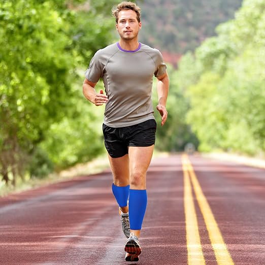 3 Pairs Calf Compression Sleeves for Men And Women Football Leg Sleeve Footless Compression Sock for Running Athlete Cycling (Black, White, Blue, Large)