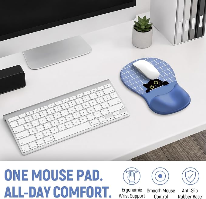 Ergonomic Mouse Pad with Wrist Rest, Gel Wrist Support, Blue Cat | 10.2 x 7.6 in Mouse Pad with Smooth Fabric Surface and Non-Slip Rubber Base for Office, Home, Study, and Gaming