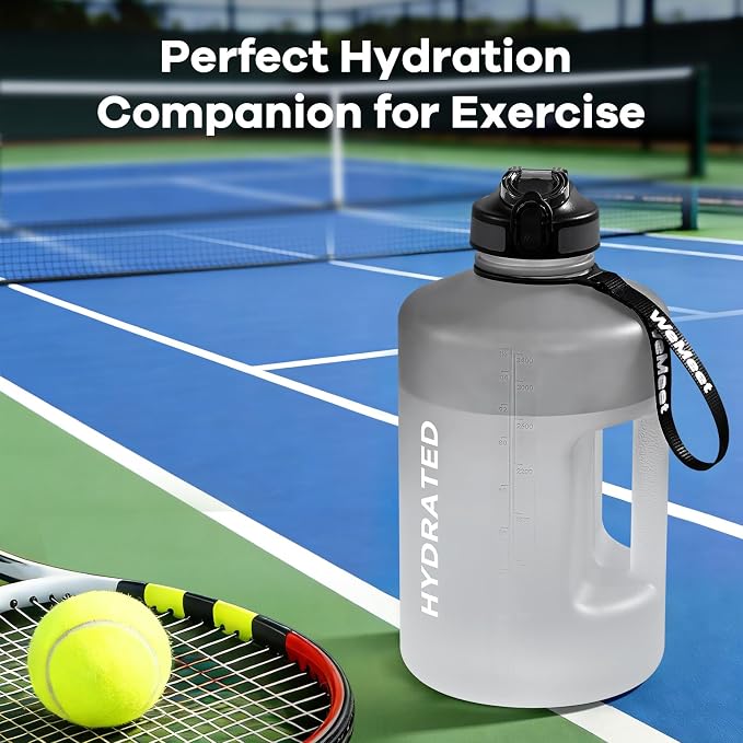 WEMEET Big Reusable Sport Water Jug with non-slip handle, 1 Gallon Water Bottle with Straw and Time Marker, for All Day Hydration, Exercise and Outdoor (Black White)