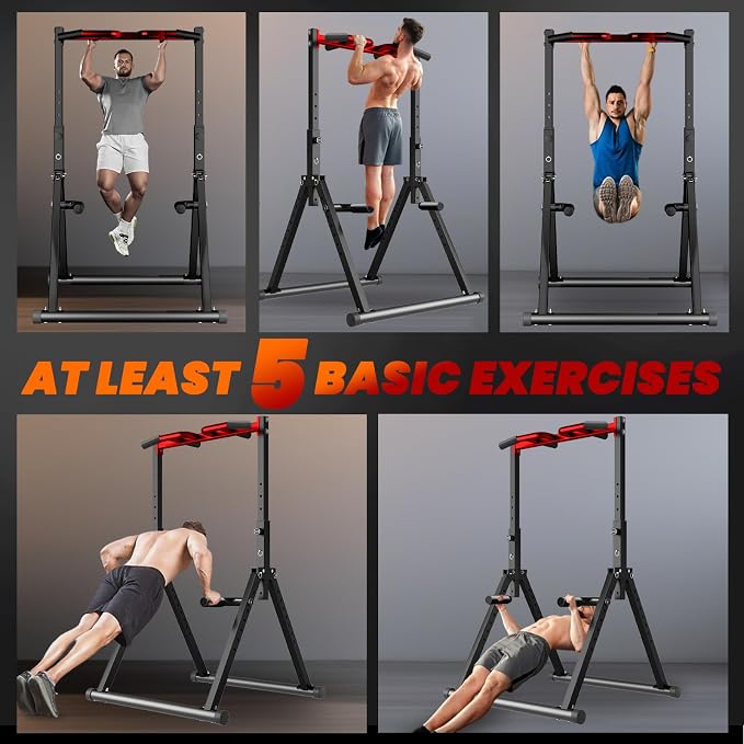 WATBKHE Power Tower Pull Up Dip Station Foldable, Pull Up Bar Station Adjustable, Multi-Function Home Gym, Strength Training Fitness Equipment, Triangular Design, for Home Outdoor
