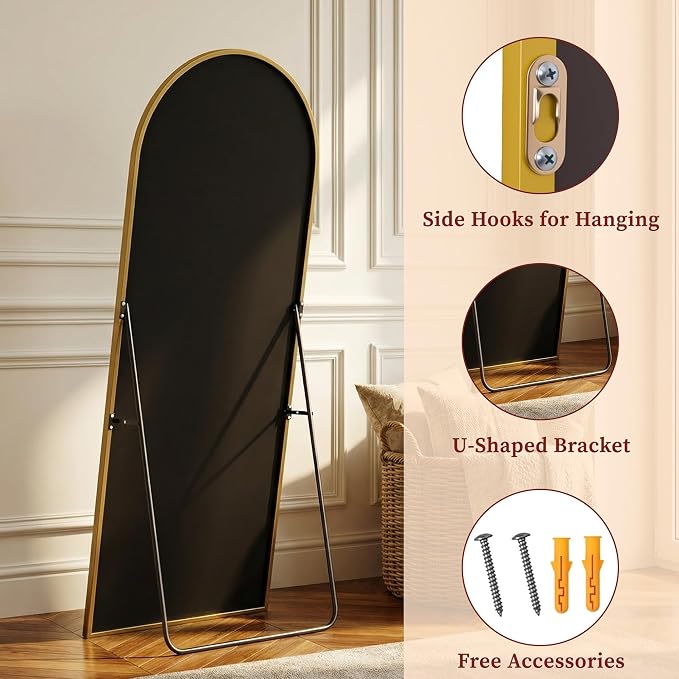 Suidia 58"x21" Arched Full Length Mirror with Stand, Full Body Mirror with Aluminum Frame, Freestanding/Leaning/Wall-Mounted, Floor Mirrors for Bedroom, Living Room, Entryway, Dressing Room, Gold