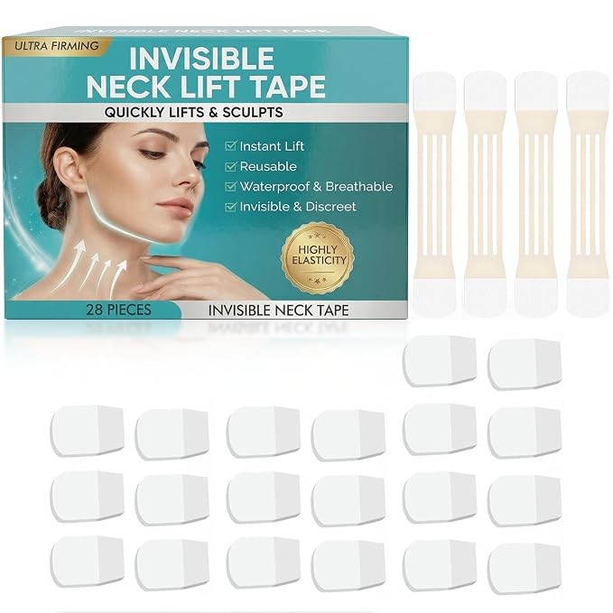 Neck Lift Tape, 28 PCS Invisible Neck Tape Lifting for Double Chin | Sagging Skin, Waterproof High Elastic Face Lift Straps for Women