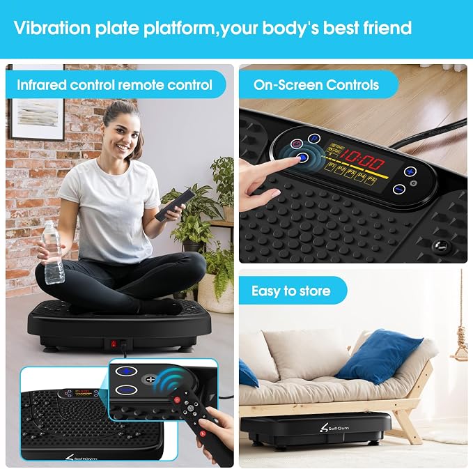 SoftGym Vibration Plate Exercise Machine for Lymphatic Drainage & Fitness | Quiet Heavy Duty 450lbs Capacity Platform, 120 Speeds Shake Machine with Resistance Bands for Home Muscle Activation