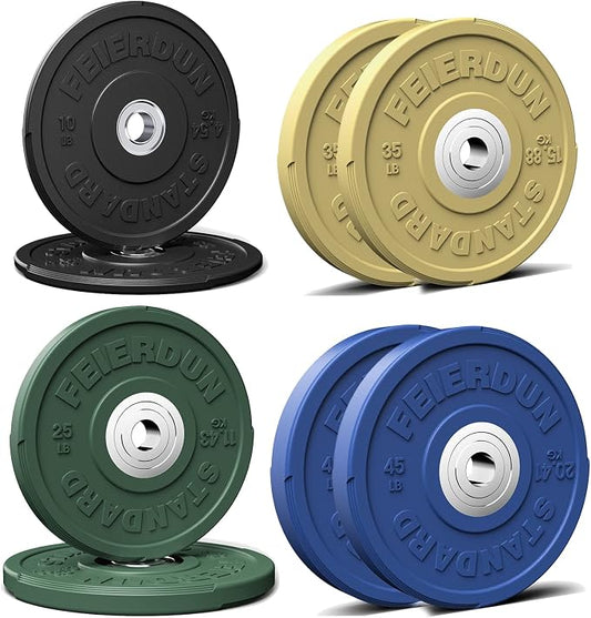 FEIERDUN Color Bumper Plate Set, 2-Inch Olympic Weight Plates, Low Bounce Rubber Barbell Plates with Stainless Steel Insert for Weightlifting, Strength Training, CrossFit & Home Gym, 10LB-370LB