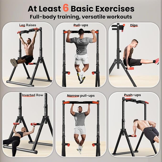 WATBKHE Power Tower Pull Up Dip Station Foldable, Pull Up Bar Station Adjustable, Multi-Function Home Gym, Strength Training Fitness Equipment, Triangular Design, for Home Outdoor