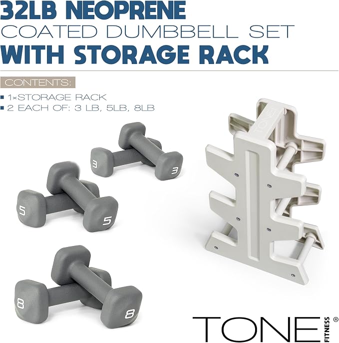 Tone Fitness Neoprene Dumbbell Set with Storage Rack – Non-Slip, Anti-Roll Hand Weights for Home Gym Workouts | 20 lb, 32 lb, 50 lb, 60 lb & 100 lb Options