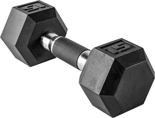 CAP Rubber Coated Dumbbell Weights, Free Weights for Home Gym Strength Training, Anti-Roll Hex Dumbbells with Black, Chrome & Comfort Grip Handles, Singles
