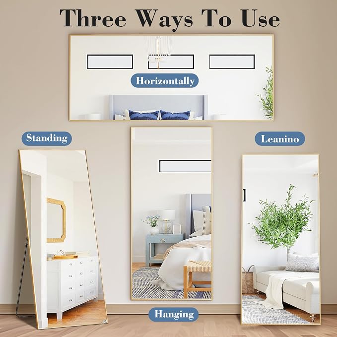 NEWBULIG 68"x26" Full Length Mirror, Full Body Standing Mirror, Gold | Leaning or Standing, Tempered Glass, Aluminum Alloy Thin Frame Floor Stand for Bedroom, Cloakroom