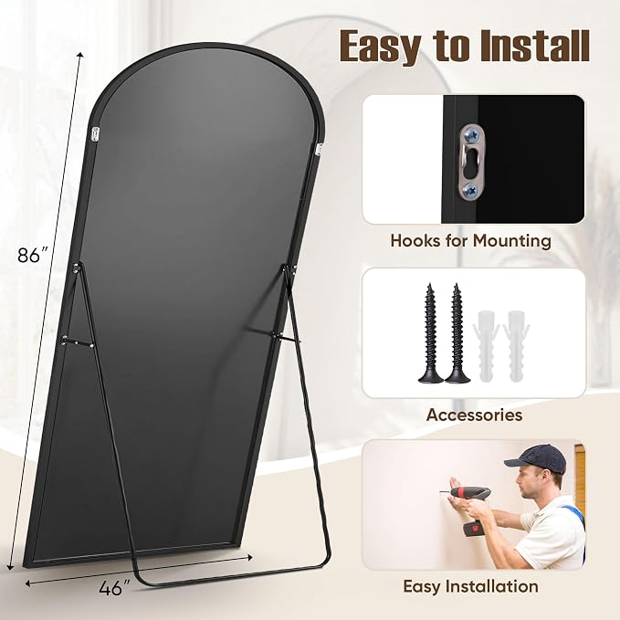 Floor Mirror, 86"x46" Oversized Full Length Mirror with Stand, Arched Full Body Mirror Standing Hanging Leaning Against Wall, Aluminum Frame Giant Mirrors for Bedroom Cloakroom, Black