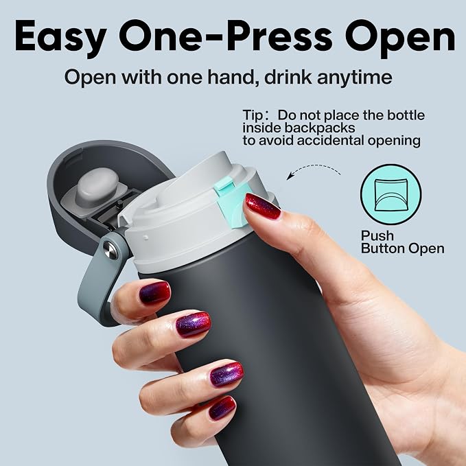 Insulated Water Bottle with Straw - Encool Stainless Steel Water Bottle with Push Button Lid, Leak-Proof & BPA-Free, Keeps Cold for 24 Hours for Sports, Travel, Gym (32 oz, Tuna Grey-Green)