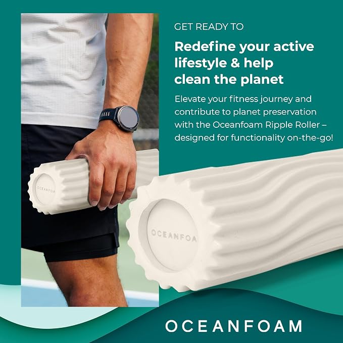 Oceanfoam Ripple Travel Foam Roller (11" x 3.35") Firm Mini Foam Roller for Physical Therapy, Deep Tissue Massage, Back Pain - High Density, Ergonomic Wave Textured - Yoga, Pilates, Exercise (Natural)