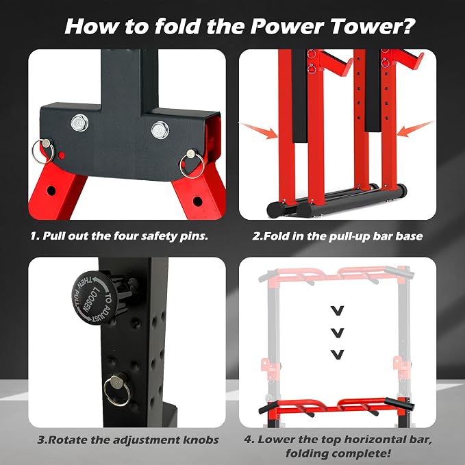 Foldable Power Tower Pull Up Bar Station, Adjustable Height | 700lbs Loading,Free Standing Pull Up Power Tower Station,Portable and Space Saving,fits Woman and Man, Mulit-grips,