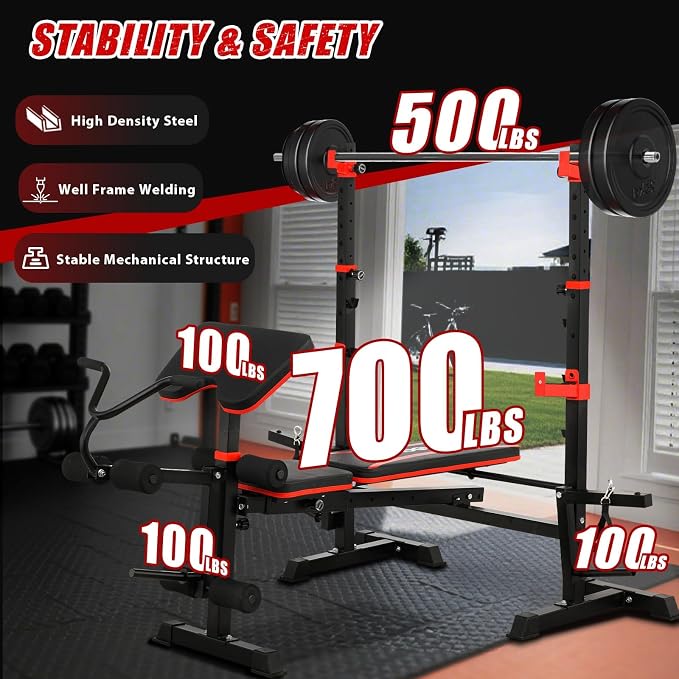 MAIDOMA Multi-Function 8 in 1 Foldable Weight Bench Set with Leg Extension | Foldable Bench Press with Rack, Adjustable Flat Incline Decline Workout Bench Set for Home Gym.（US Stock）