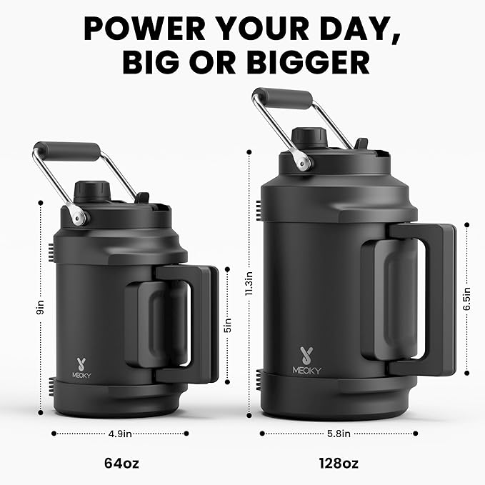 1 Gallon Insulated Water Bottle for Sports: Meoky 128 oz Triple Wall Vacuum Stainless Steel Water Jug - Top and Side Handles, Cold for 48 Hrs, 2-in-1 Straw and Spout Lid, Leak Proof for Hiking (Night)