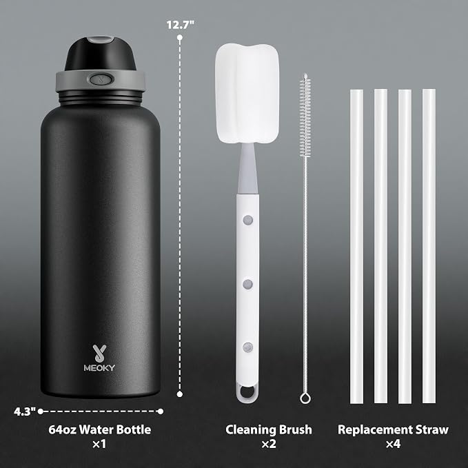 Meoky 64 oz Insulated Water Bottle, Half Gallon Water Jug for Sports Gym | Cold for 36 Hours, 2-in-1 Straw and Spout Lid, Leak Proof, Non-slip Base, Stainless Steel Large Water Bottle, Night