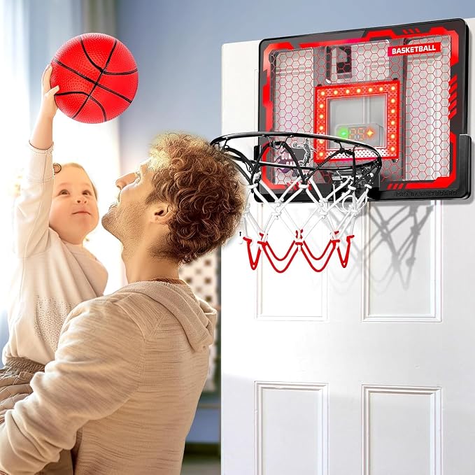 Indoor Basketball Hoop Pro for Kids, Over The Door Basketball Hoop with LED Light/Scoreboard/4 Balls- Upgraded Anti-Impact Backboard, Basketball Toys Gifts for 6 7 8 9 10 11 12 Year Old Boys