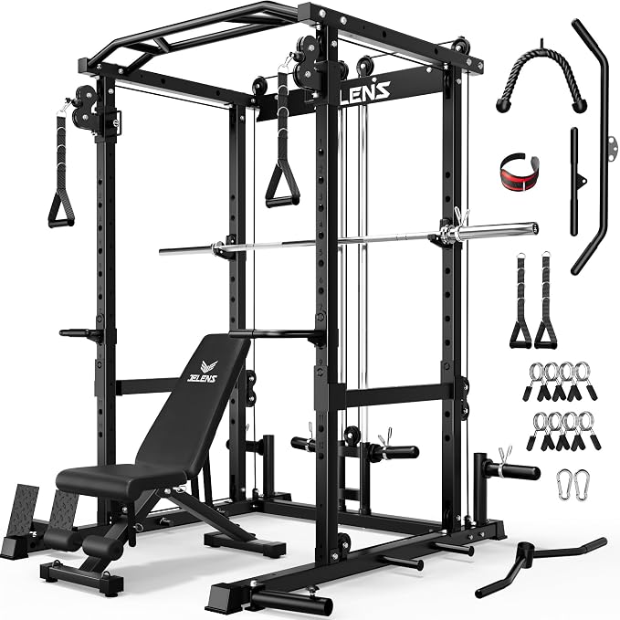 JELENS C12 Power Rack, 2000LBS Squat Rack with Cable Crossover System, Workout Cage with More Training Attachments for Home Gym