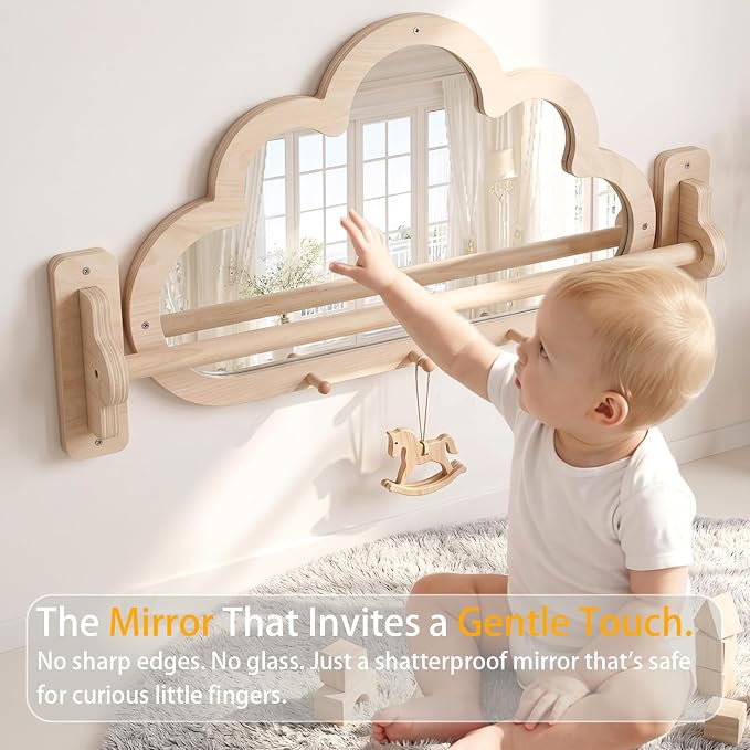 Montessori Baby Mirror with Pull Up Bar, Shatterproof Toddler Pull to Stand | Cloud-shaped wooden pull to stand toy gym, CPC safe infant gift for nursery wall, ages 6-18 months.