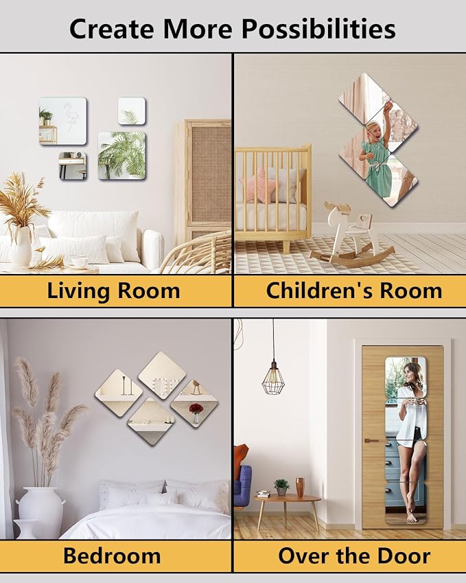 Unbreakable Mirror Tiles, 8PCS 8”x8” Peel And Stick on Mirror for Wall Mirrors Decorative, Toddlers for Kids Bedroom, Plastic Gym Frameless Door Small Adhesive Mirrors for Classroom Decor Stickers