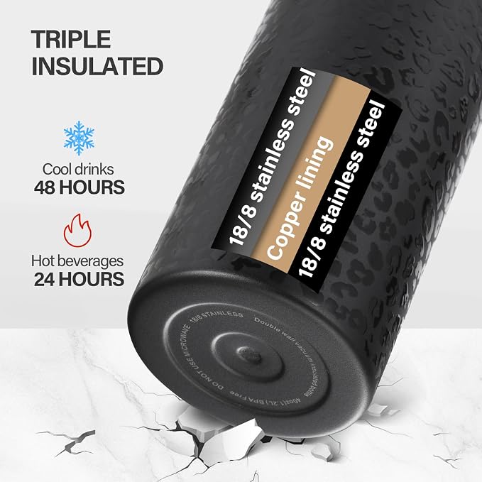 KXIAOCHEN Insulated Water Bottle with Strap, 48-Hour Cold, 2 Lids | Triple-wall insulation, lead-free 18/8 Stainless steel, paracord handle, carabiner clip, for gym, hiking, camping and travel