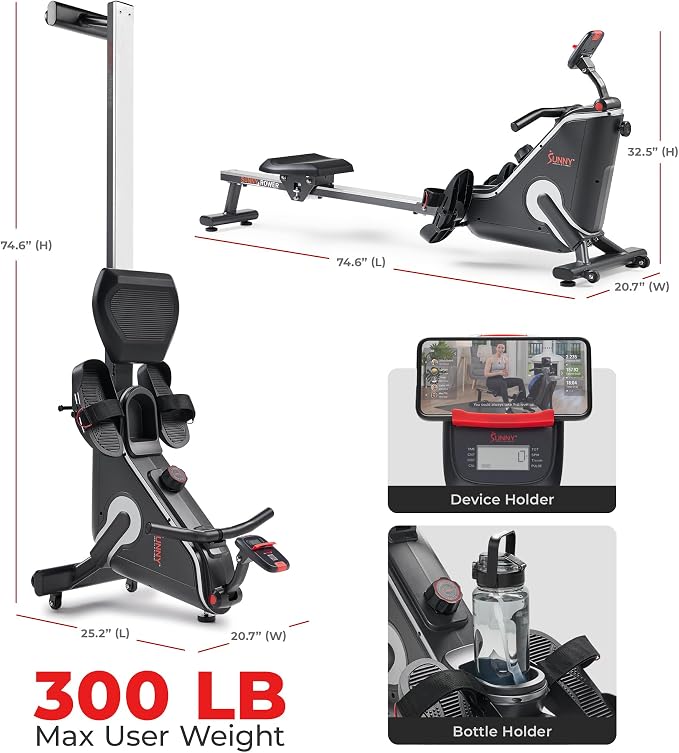 Sunny Health & Fitness Smart Flippable Magnetic Rower, 50 Inches Quiet & Smooth Stainless Steel Slide Rail, Full-Body Low-Impact Exercise Rowing Machine For Home, Free SunnyFit Training APP Connection