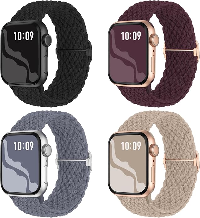 4 Pack Braided Stretchy Bands Compatible with Apple Watch 40mm 41mm 38mm 42mm 44mm 45mm 46mm 49mm Women Men, Breathable Nylon Elastic Daily Use Straps for iWatch Series 11/10 9 8 7 6 5 4 3 SE/Ultra 2