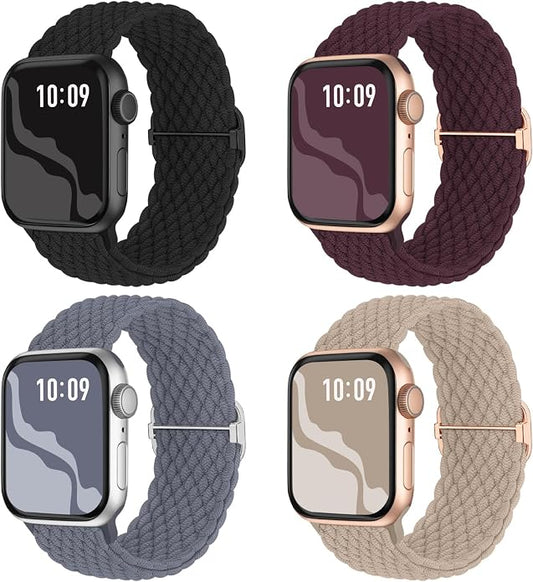 4 Pack Braided Stretchy Bands Compatible with Apple Watch 40mm 41mm 38mm 42mm 44mm 45mm 46mm 49mm Women Men, Breathable Nylon Elastic Daily Use Straps for iWatch Series 11/10 9 8 7 6 5 4 3 SE/Ultra 2