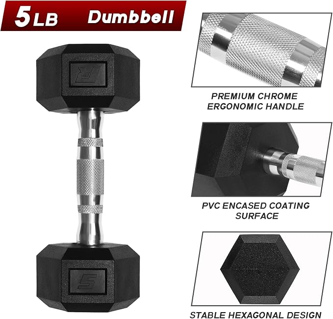 RitFit 5-650 LBS PVC Hex Dumbbell Sets with Optional Rack for Home Gym | PVC Coated Anti-Roll Hex Design, Chrome Handle with Ergonomic Grip, Full Body Strength Training with Optional Rack