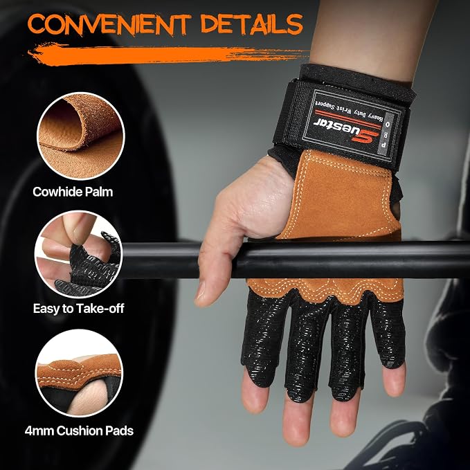 SueStar Workout Gloves, Heavy Duty Cowhide Padded Weight Lifting Gloves with Wrist Support, Full Palm Protection & Silicone Grips Gym for Weightlifting, Deadlifts, Exercise