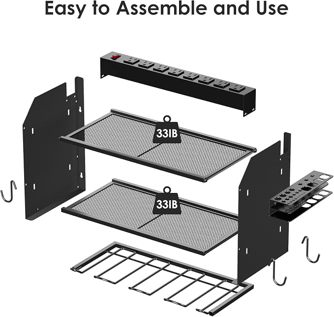 CCCEI Wall Mount Modular Tool Charging Organizer, Black, 1 Pack, 3 Tier. | Drill Battery Storage Rack with Hooks, Garage Workshop, Gifts for Men, Dad, Husband Anniversary, Birthday, Christmas