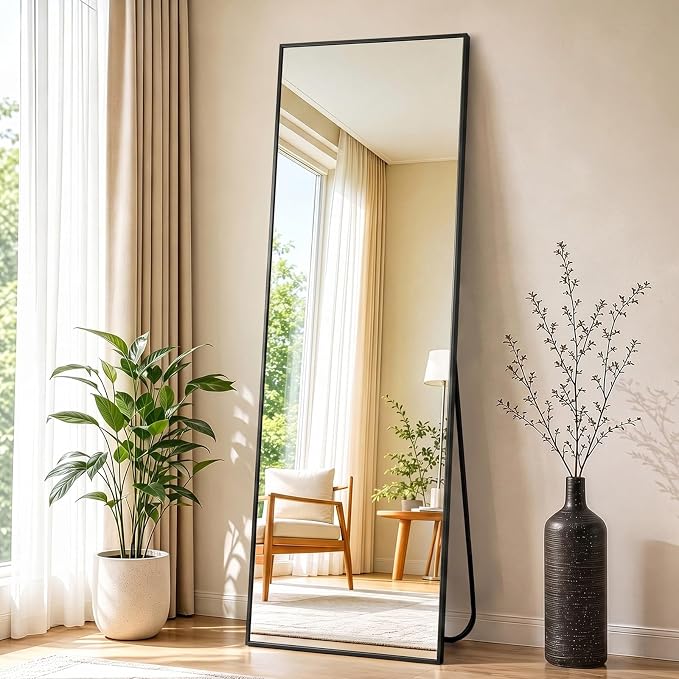 NEWBULIG Full Length Mirror, 59"x16" Full Body Standing Mirror, Black | Leaning or Standing, Tempered Glass, Aluminum Alloy Thin Frame Floor Stand for Bedroom, Cloakroom