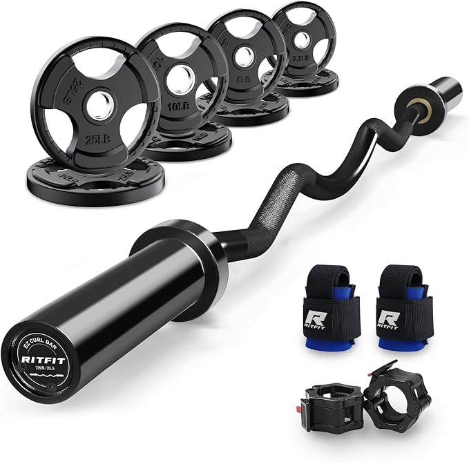 RitFit 2 Inch EZ Curl Bar Olympic Barbell with Weight Plates & Collar | 4FT EZ Curl Bar with 35LB Weight Plates, Collars for Bicep, Tricep Workout, Weightlifting, 350LBS Weight Capacity