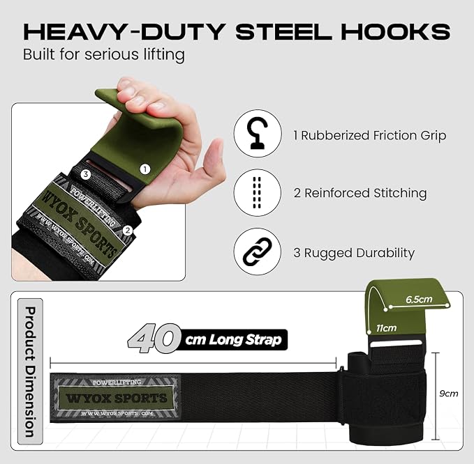 Weight Lifting Hooks for Men & Women – Heavy Duty Gym Hooks with 8mm Padded Wrist Support Grips to Lift Heavier, Reduce Grip Fatigue & Improve Performance for Deadlifts, Pull Ups & Rows, Pair of 2