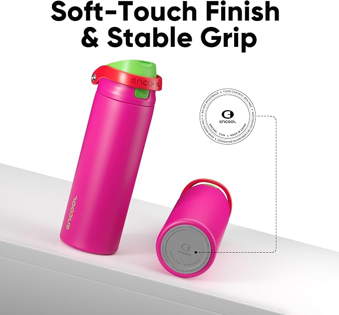 ENCOOL Leakproof Insulated Water Bottle with Straw Dual-Sip Water Bottle Bag-Safe Design for Work, Commute & Gym – Keeps Drinks Cold All Day, 18 oz, Neon Pink