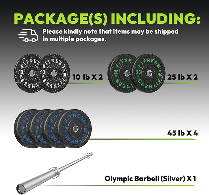HANDBODE Olympic Barbell Set, 2-Inch Bumper Plates with Weight Plate Rack | Colored Crumb Rubber Weight Plates for Weight Lifting & Strength Training, 90–530 lb Set with 45 LB (20 kg) Olympic Barbell