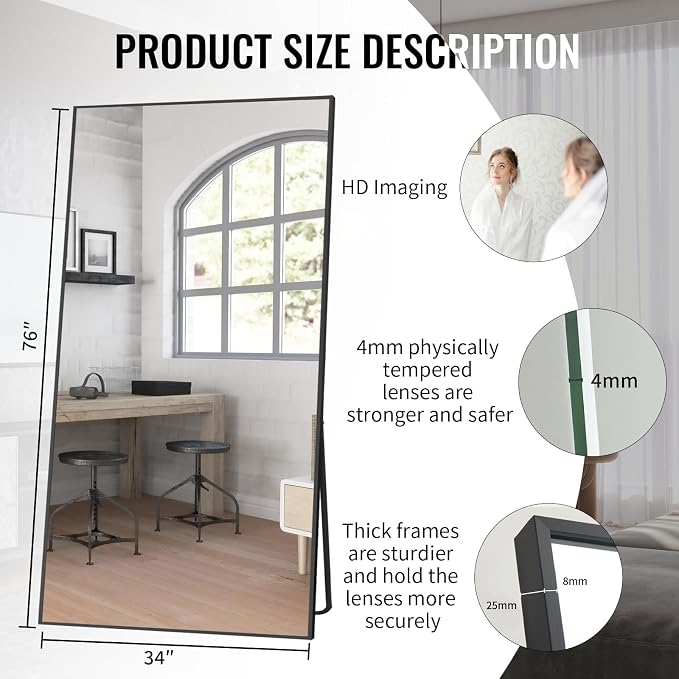 Beauty4U 76" x 34" Full Length Mirror with Stand, Black Large Floor Mirror | Standing, Leaning, or Wall-Mounted Tempered Glass Full Body Mirror with Metal Frame for Bedroom, Closet, Modern Home Decor