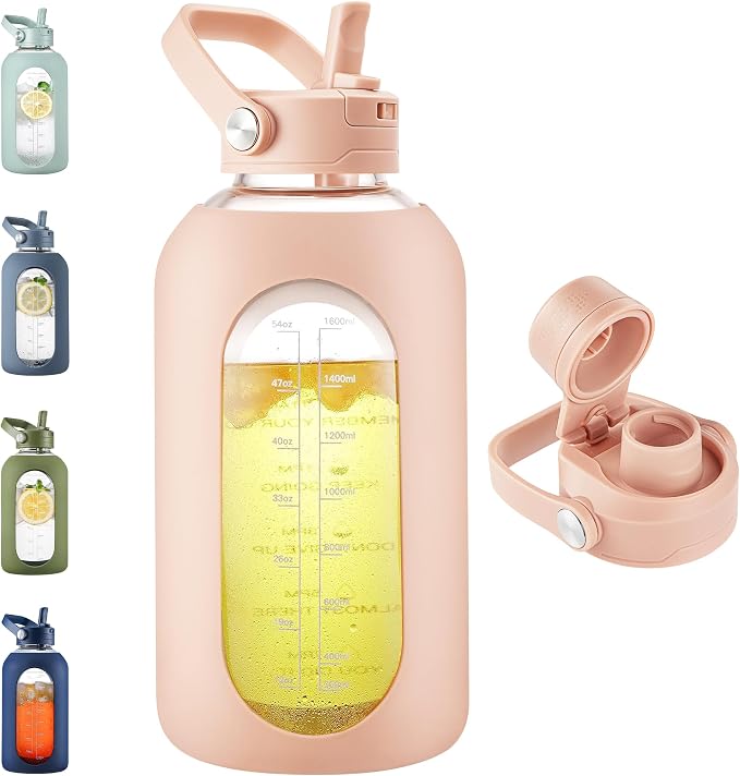 CIVAGO 64 oz Glass Water Bottle Jug with Detachable Straw and Time Maker | Half Gallon Motivational Large Flask Cup with Handle, Leakproof Lids, Wide Mouth, Silicone Sleeve, Tumbler for Juice, Beige