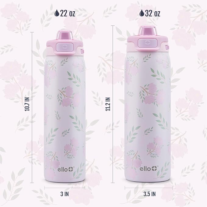 Ello Pop & Fill Insulated Stainless Steel Water Bottle with Quick Fill Lid, Leakproof Locking, Sip or Chug Spout, BPA-Free, Double Wall Vacuum Insulated for Sports, Travel & School- 22oz / 32oz / 40oz