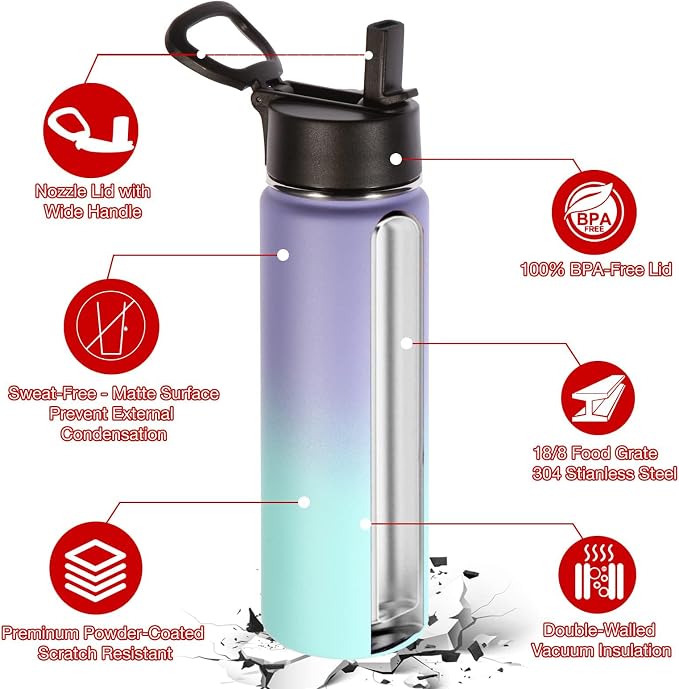 Volhoply 24oz Insulated Water Bottle With Straw Bulk 6 Pack,Metal Wide Mouth Water Bottles With Handle Keep Cold,Reusable Double Wall Cups,Powder Coated Sport Bottle For Holder(Purple Blue,6 Count)