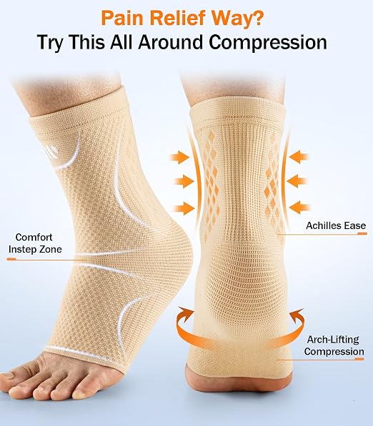 Low-Profile Ankle Braces for Women & Men, Customizable Ankle Compression Sleeve w/Wide Strap, Foot Support Wrap for Plantar Fasciitis Pain Relief, Achilles Tendonitis, Sprain, Beige, 1 Pair, XL