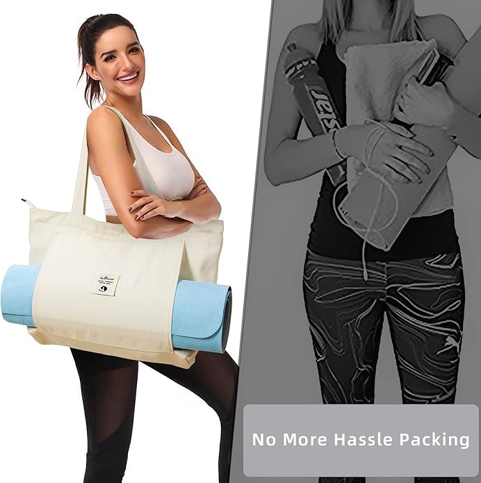 WLLWOO Yoga Mat Carrier Bag for Women Canvas Carryall Tote Gym Pilates | Large Holder Zipper Shoulder for Beach Travel Workout Fitness Office