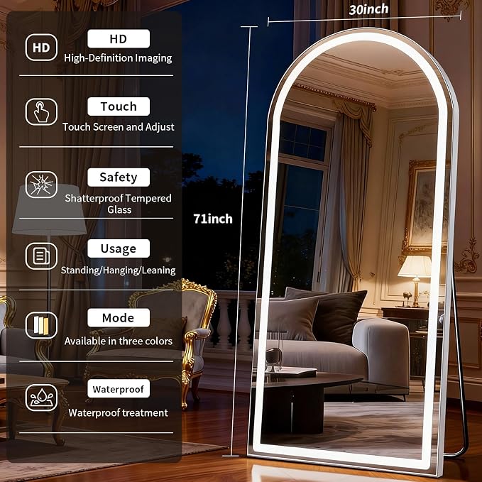 Led Mirror Full Length Arched with 3 Color Lighting 30 x 71 in | Tempered Glass Full Body Mirror with Adjustable Dimming Lights Brightness Memory Function for Make-up Bedroom