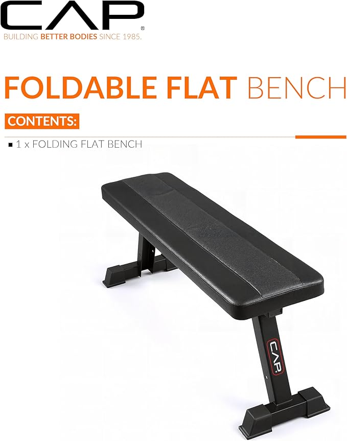 CAP Barbell Foldable Flat Weight Bench | Folding Workout Bench with Steel Frame, Thick Box-Stitched Padding & 600 LB Capacity | Compact Home Gym Strength Training Bench