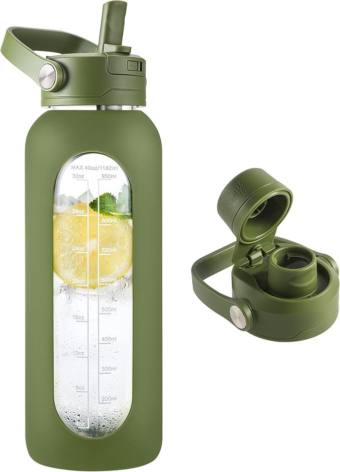 CIVAGO 40 oz Glass Water Bottle with Detachable Straw and Time Maker | Motivational Large Flask Cup with Handle, Leakproof Lids, Wide Mouth, Silicone Sleeve, Tumbler for Juice, Army Green