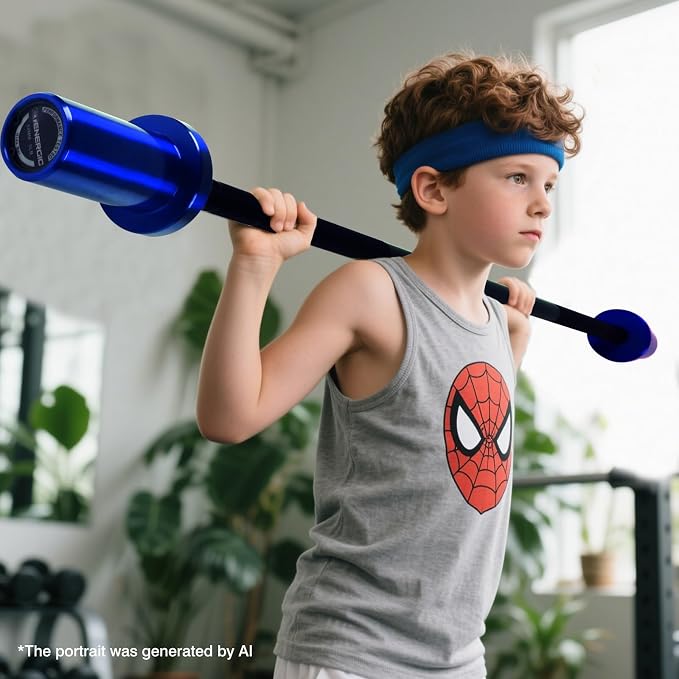 4FT 5LB Aluminum Kids Barbell, 70LB Capacity | Youth training bar with 22mm knurled grip, bearings, brass bushings, and 2-inch Olympic plate compatibility